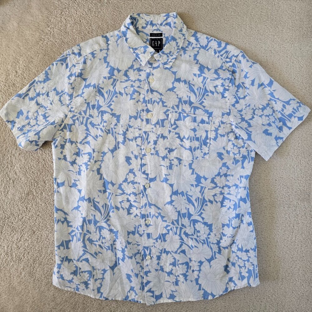 NWOT Linen-Cotton Shirt, Size Medium, Gap, Light Blue Floral